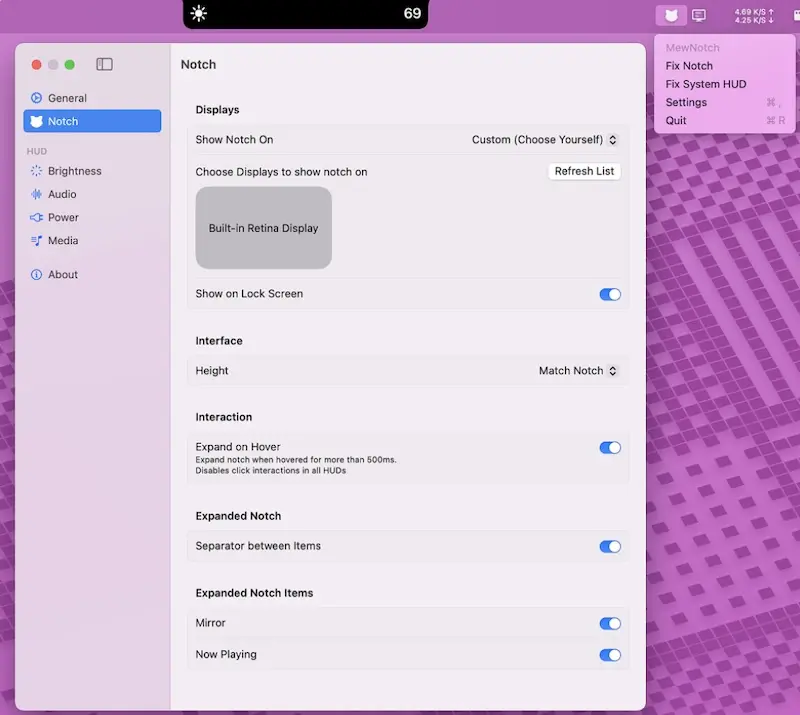 MewNotch:Mac刘海功能增强工具,实时查看亮度、音量、电源状态等信息