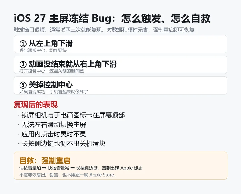 iOS 27 冻结 Bug 的触发步骤与自救方法