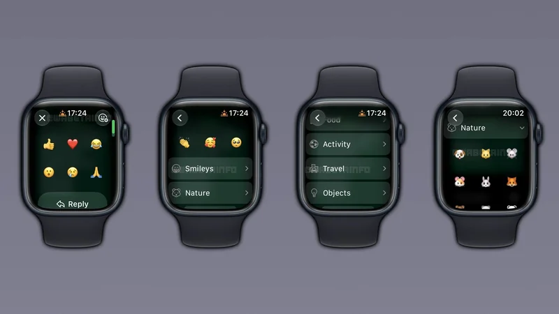 Apple Watch 版 WhatsApp 完整表情选择器截图。