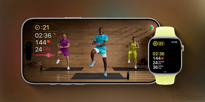 Apple Fitness+ 在 iPhone 与 Apple Watch 上的界面。