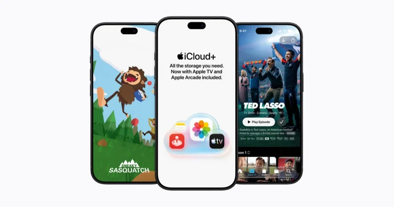 三台 iPhone 分别显示 Arcade 游戏、iCloud+ 说明与 Apple TV 剧集
