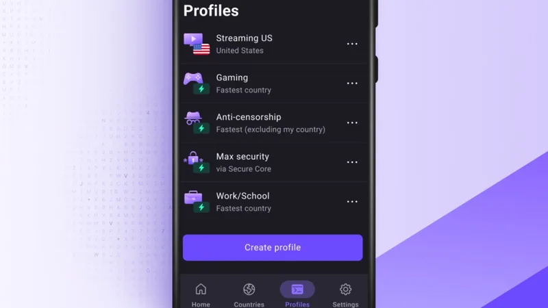 Proton VPN 应用的 Profiles 界面截图