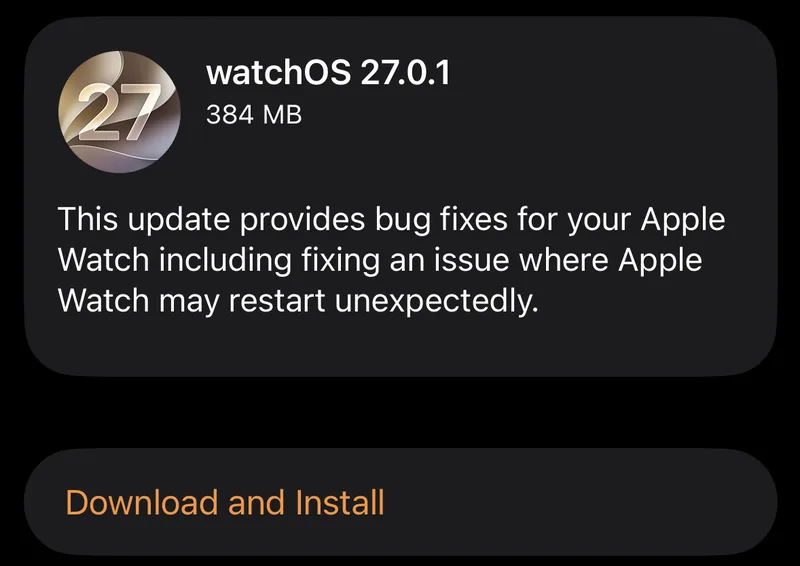 Apple Watch 上的 watchOS 27.0.1 更新提示