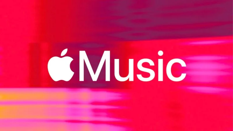 Apple Music 宣传图,粉紫渐变背景上的 Apple Music 标志