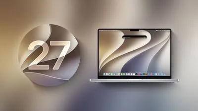 macOS 27 圆形图标与一台显示同款壁纸的 MacBook