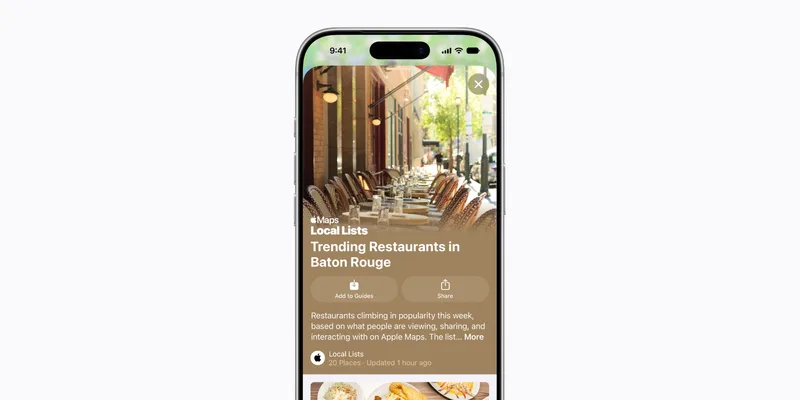 iPhone 屏幕显示 Local Lists 卡片，标题为巴吞鲁日的热门餐厅，附餐厅攀登画面与简介