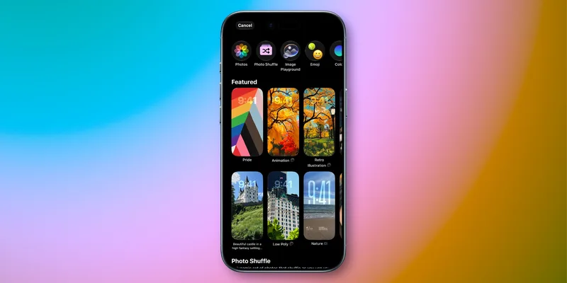 一部 iPhone 显示壁纸画廊精选页,缩略图包括 Pride、Animation、Retro Illustrations、Low Poly、Nature 等类别,底部标注 Photo Shuffle