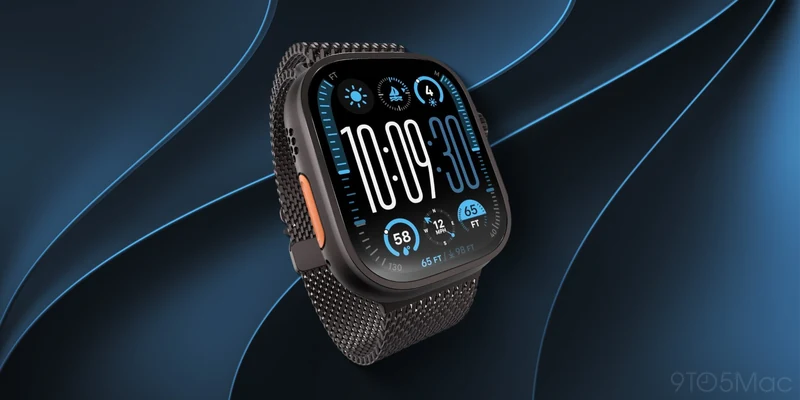 深色背景下显示运动表盘的 Apple Watch Ultra 特写