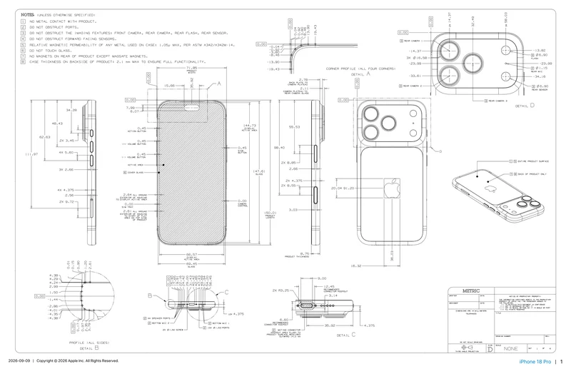 苹果官方 iPhone 18 Pro 尺寸图
