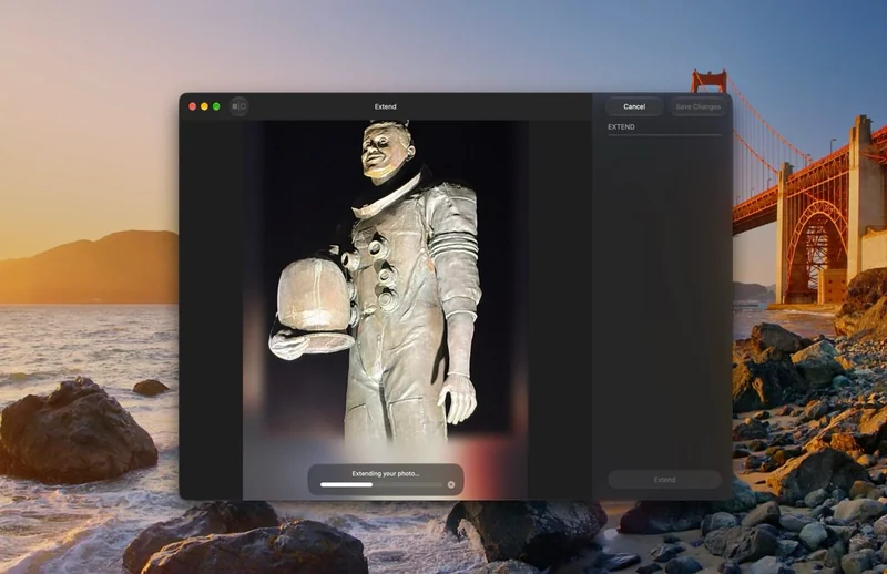 macOS 27 照片 App 的 Extend 扩图界面