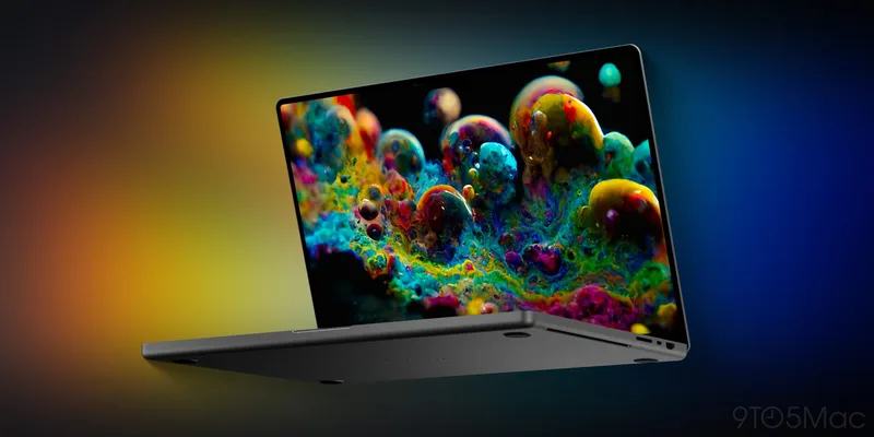 MacBook Ultra 概念渲染图,悬浮的深空灰机身配彩色屏幕画面