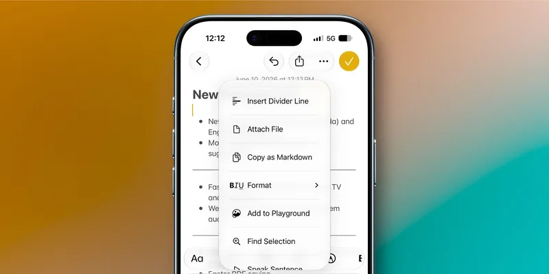 iPhone 备忘录编辑菜单里新增的 Insert Divider Line 选项
