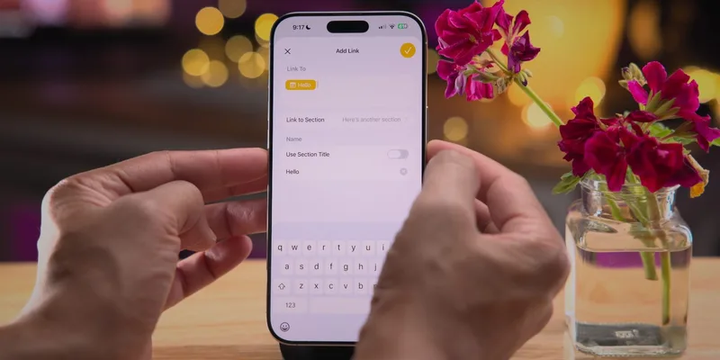 iPhone 备忘录的 Add Link 界面,显示 Link to Section 选项