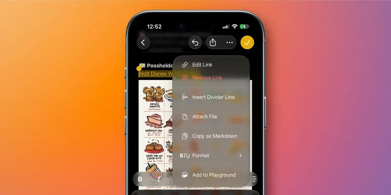 iPhone 备忘录编辑菜单显示 Copy as Markdown 选项