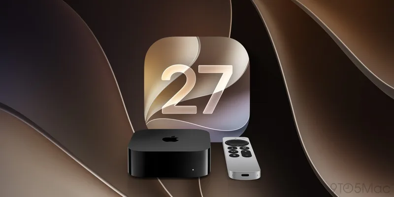 Apple TV 4K 与遥控器摆在 tvOS 27 标志前