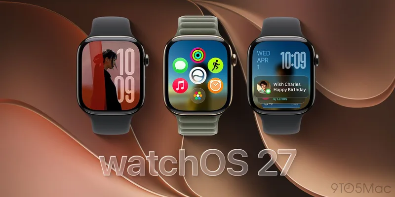 三块 Apple Watch 展示 watchOS 27 表盘的宣传图