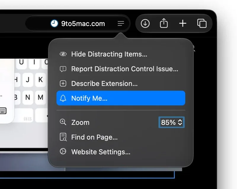 Safari 的 Notify Me 设置面板,含描述输入框与每日检查时间