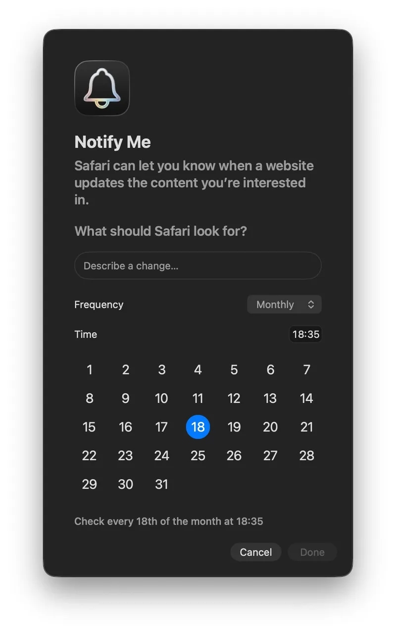 Notify Me 的频率设置界面,选择每月 18 日 18:35 检查一次