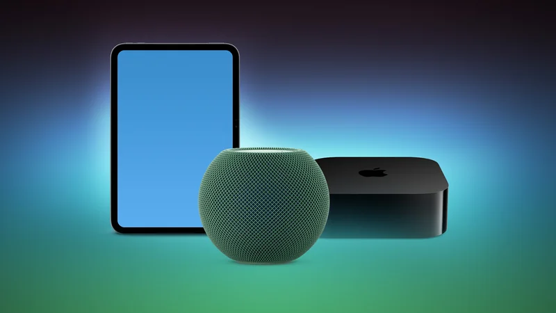 iPad mini、HomePod mini 与 Apple TV 同框的产品图