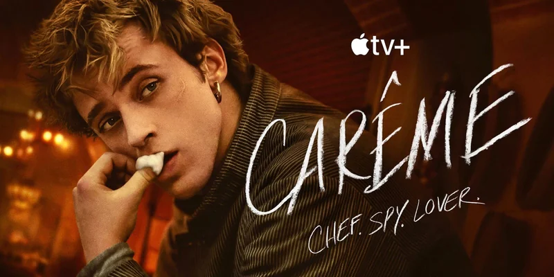 《Carême》第一季海报:Benjamin Voisin 饰演的主厨手拿奶油,海报印有 CHEF. SPY. LOVER. 字样