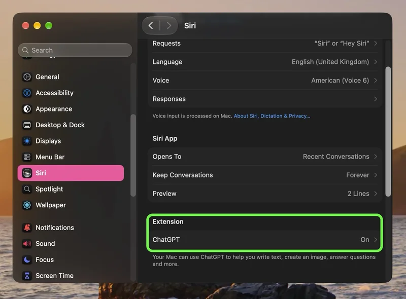 系统设置中 Siri 页面的扩展 ChatGPT 选项