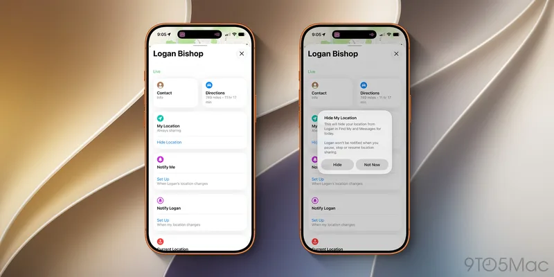 两台 iPhone 并排展示查找应用的联系人卡片与隐藏位置弹窗