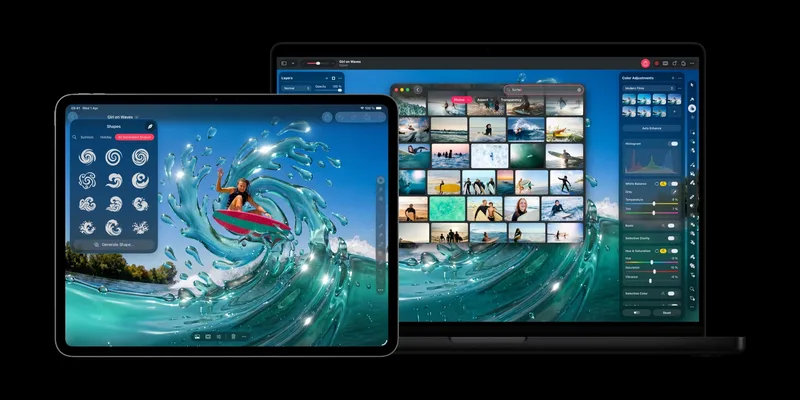iPad 与 MacBook 上运行的 Pixelmator Pro 界面,展示图像编辑与素材面板