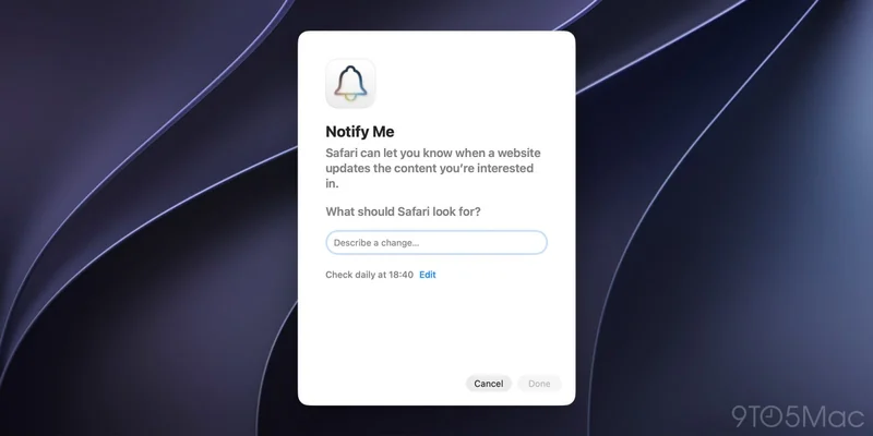 macOS 27 Safari 的 Notify Me 设置弹窗,可选择检查时间与监控内容