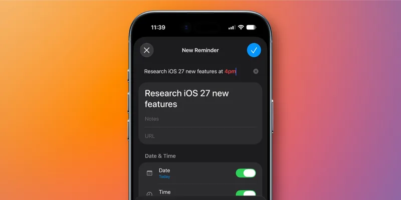 iPhone 新建提醒界面,自然语言输入的内容自动识别出日期并填入详情