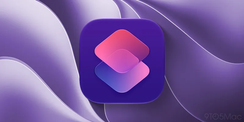 iOS 27 快捷指令应用图标，紫色背景上叠加两块彩色卡片图形