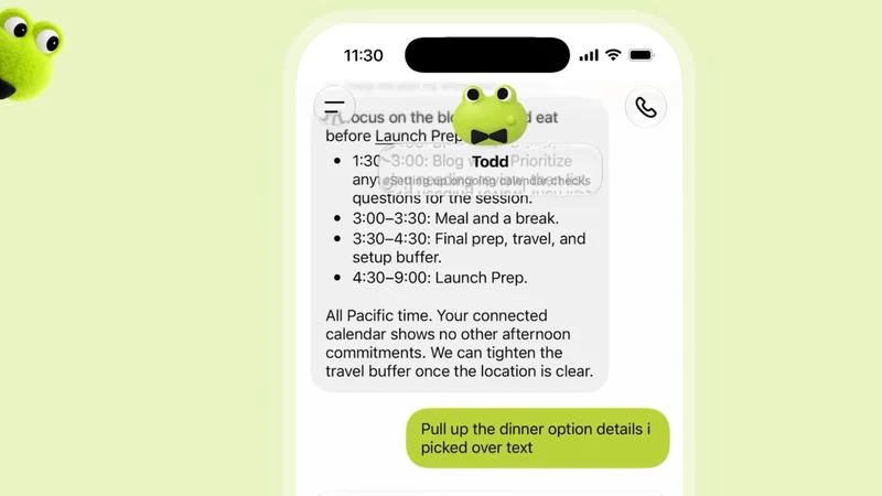 OpenAI Dots 的聊天界面,Dot 以消息形式汇报日程安排