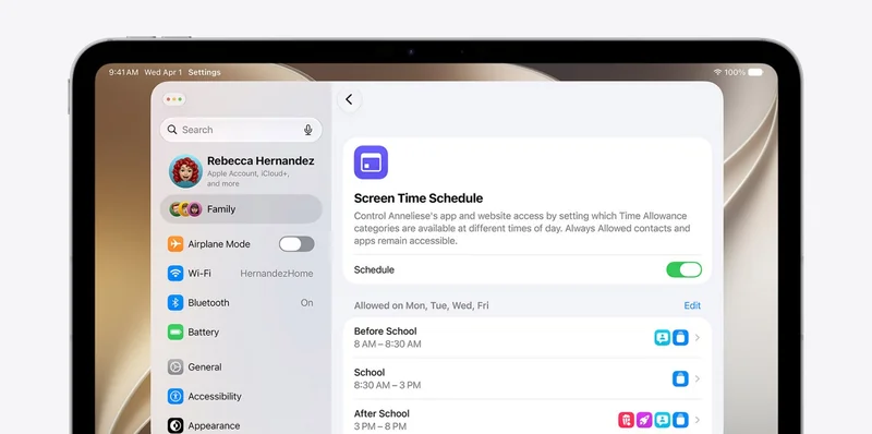 iPad 上按时间段排定的屏幕使用时间日程