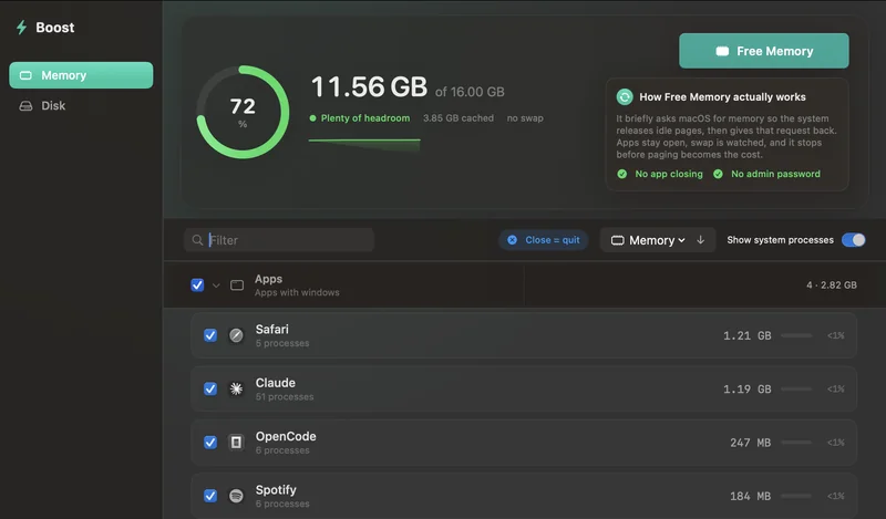 Boost 的内存标签页:径向压力表显示 16.00 GB 中已用 11.56 GB,下方是按应用分组的卡片列表