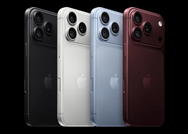 iPhone 18 Pro 四种配色并排展示:黑色、银色、冰川蓝色与全新勃艮第酒红色