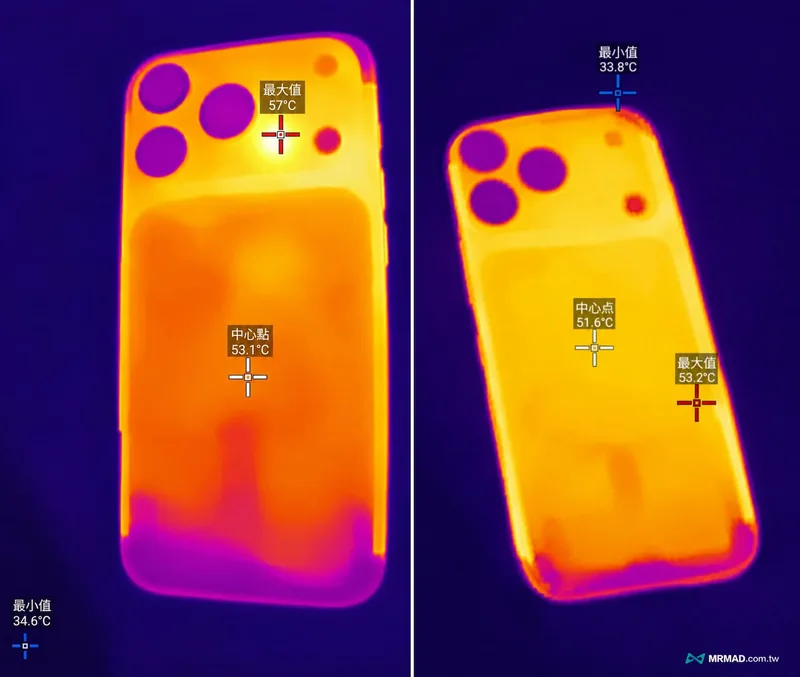 iPhone 17 Pro 与 18 Pro 高温环境下游戏后的机身温度对比
