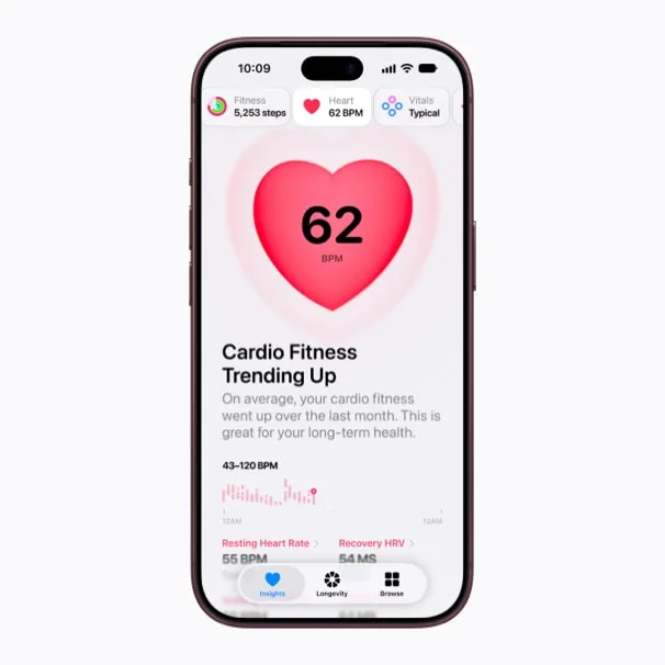 iPhone 健康 App 中的心脏健康洞察界面