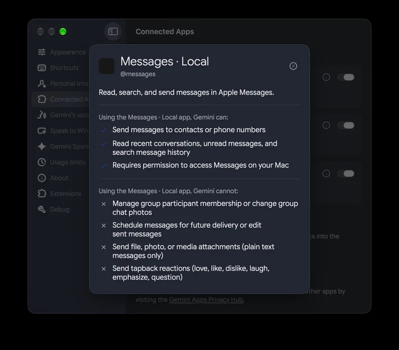 Gemini 的 Messages·Local 权限说明弹窗,列出能做与不能做的事项