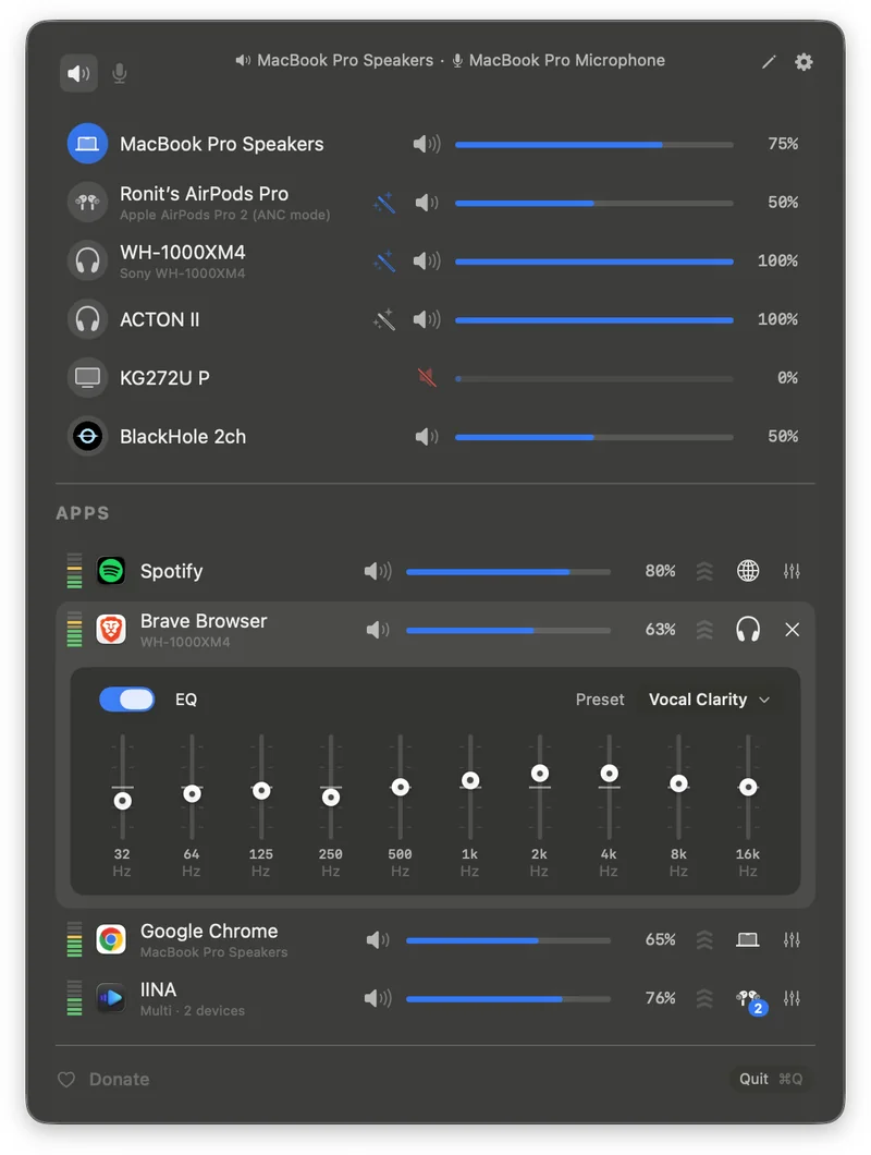 FineTune 弹窗中 Brave Browser 一行展开 EQ 面板,10 根频段滑块覆盖 32Hz 到 16kHz,Preset 下拉选中 Vocal Clarity 预设