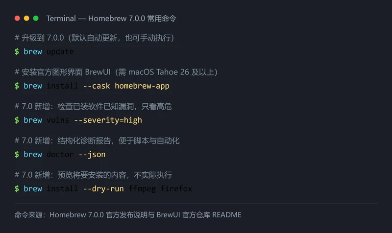 Homebrew 7.0.0 常用命令速查:brew update 升级、brew install --cask homebrew-app 安装图形界面、brew vulns 检查漏洞、brew doctor --json 结构化诊断、brew install --dry-run 预览安装