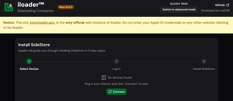 iloader 网页版引导界面截图:顶部显示 Beta 版本与 Guided Mode,中部为选择设备、登录、安装 SideStore 三步流程,下方是 Connect、Settings、View Logs 按钮