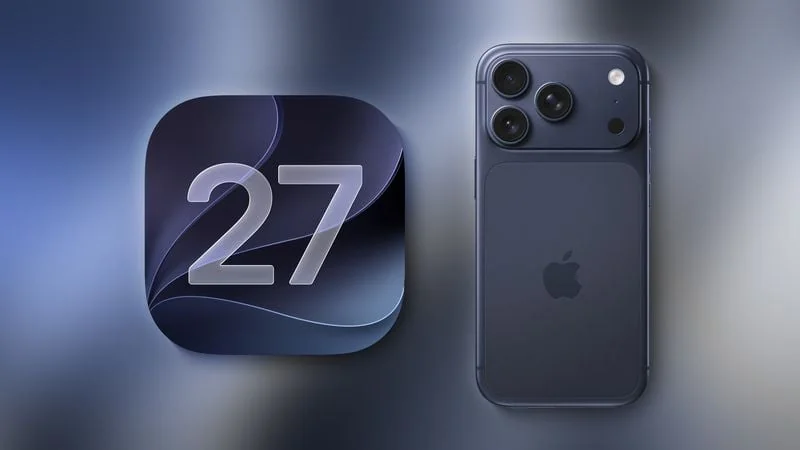 iOS 27 与 iPhone 并排示意
