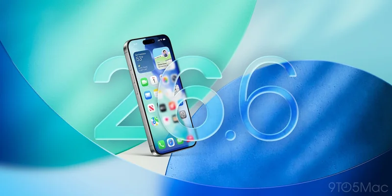 运行 iOS 26.6 的 iPhone 16 居中展示 Liquid Glass 主屏,背景为蓝绿渐变