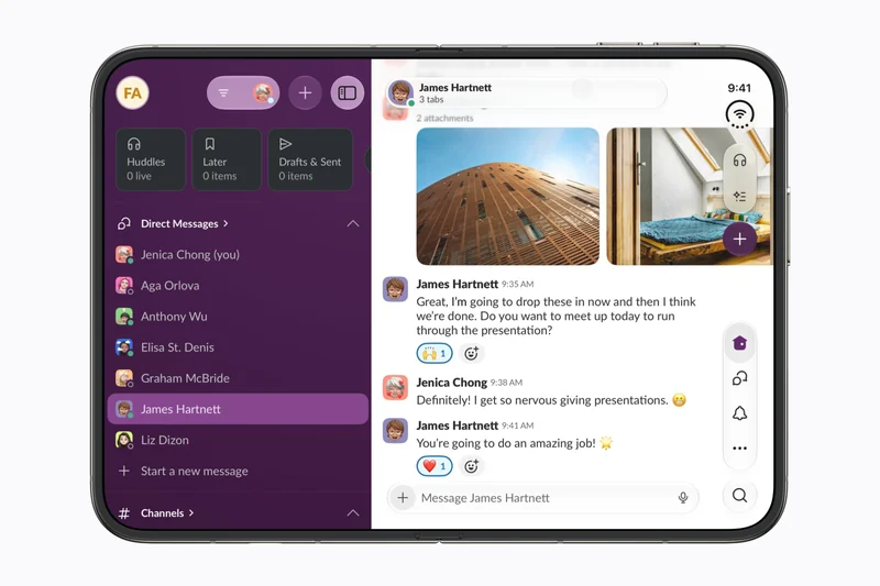 iPhone Duo 内屏并排运行 Slack 应用