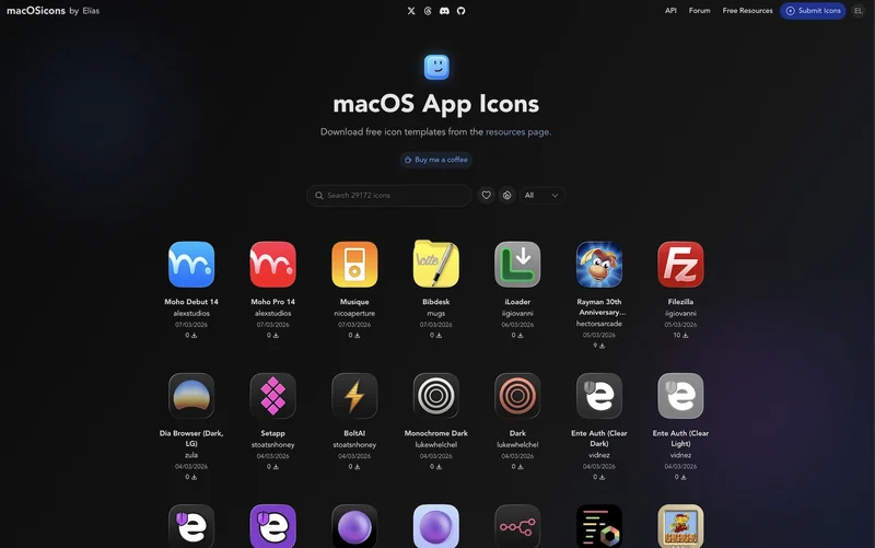 macOSicons 官网首页截图:暗色背景、顶部「macOSicons by Elías」标识、中央「macOS App Icons」标题、搜索框写「Search 29172 icons」、下方 7 列图标网格(Discord / Adobe Photoshop Folder / Velja / Google Chrome / Plasticity / Krita 等),每个图标下方有 App 名、上传者、日期与下载数