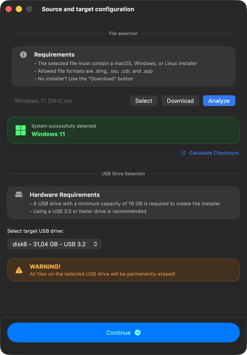 macUSB 识别 Windows 11 镜像的分析结果