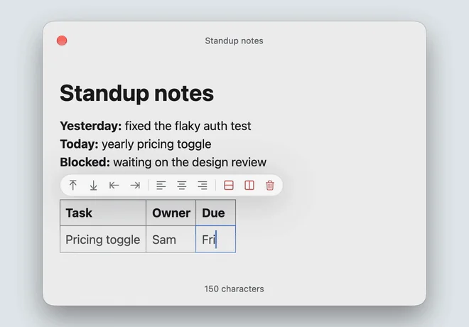 Markraft 编辑「Standup notes」笔记，展示粗体小标题、工具栏与表格编辑