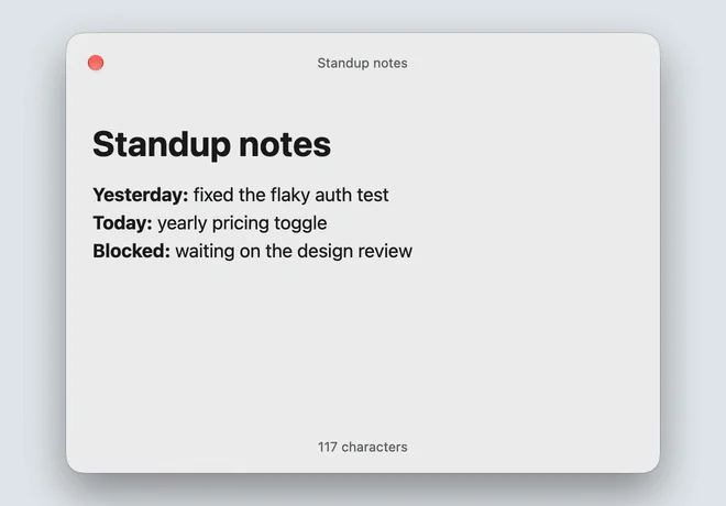 Markraft 中打开的 Markdown 笔记，展示纯文本段落与加粗小标题