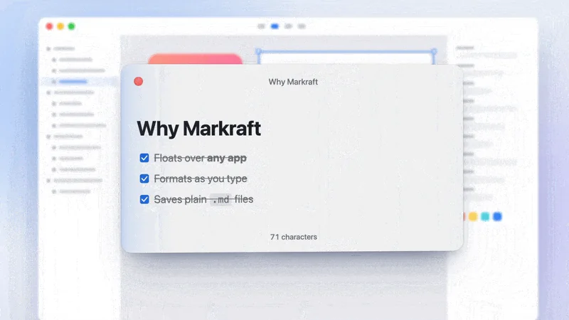 Markraft 悬浮便签窗口浮在当前应用之上，实时渲染标题、任务列表与加粗文字