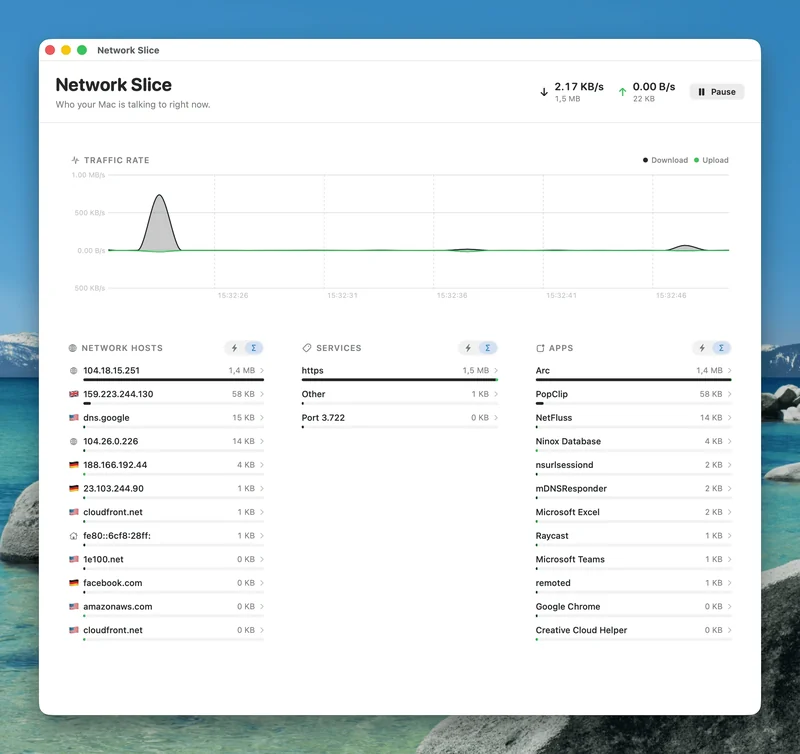 NetFluss Network Slice 实时流量窗口,三列分别按网络主机、服务和 App 排序并显示相对占用条