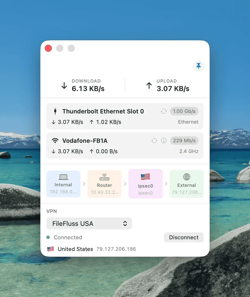 NetFluss 弹出面板中的内置 VPN 客户端,显示配置列表、连接状态、出口国家与公网 IP